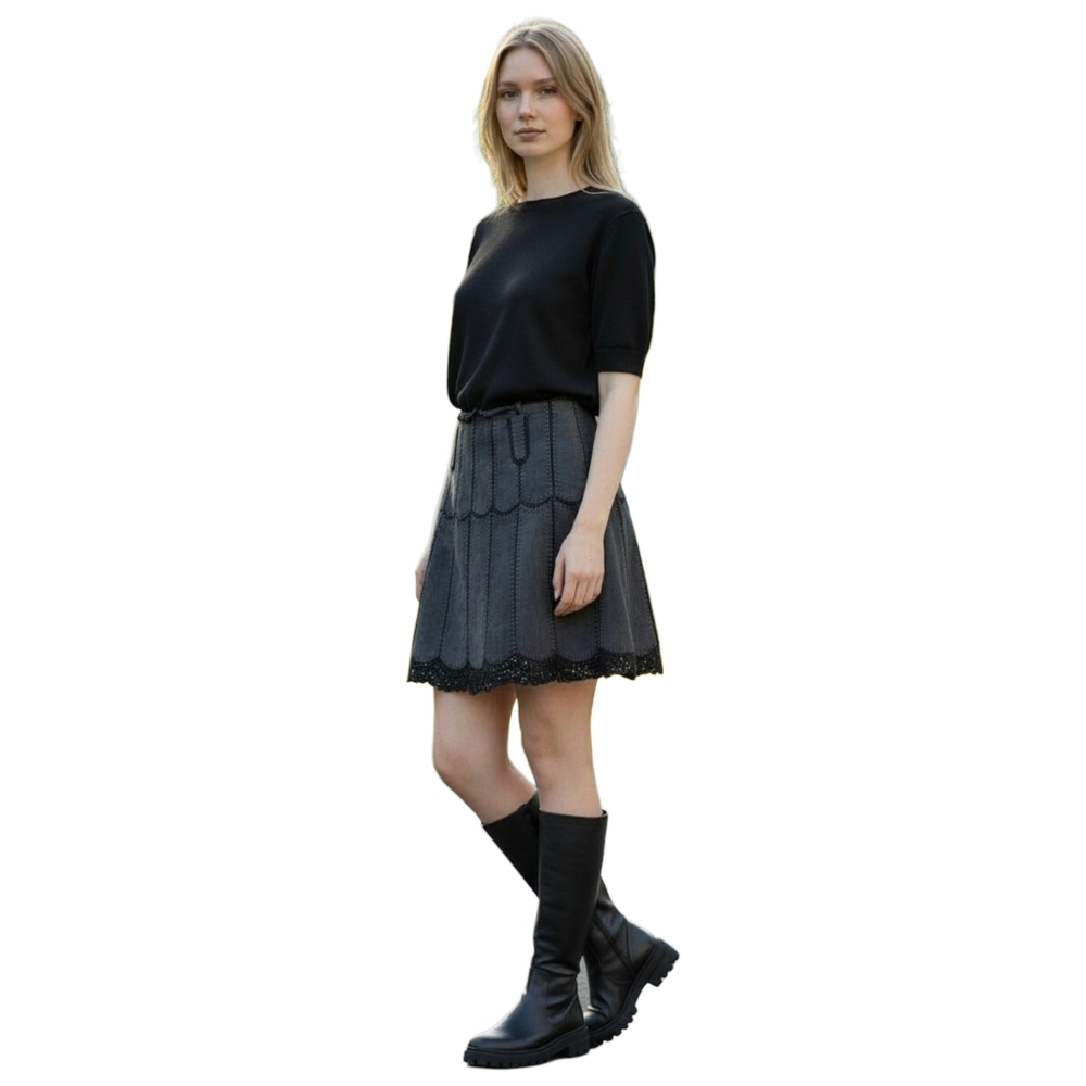 Vintage Suede Patchwork Miniskirt Crochet Lace Trim 70s Boho Black 38 EU Small - Picture 3 of 15